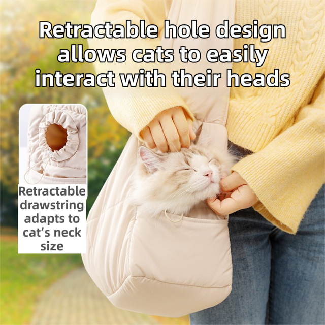Beige Foldable Insulated Quilted Pet Shoulder Bag with Adjustable Peep Hole & view 2