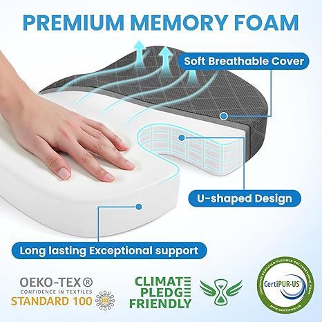 Grey Ergonomic Memory Foam U-Shaped Seat Cushion - Breathable Orthopedic view 2