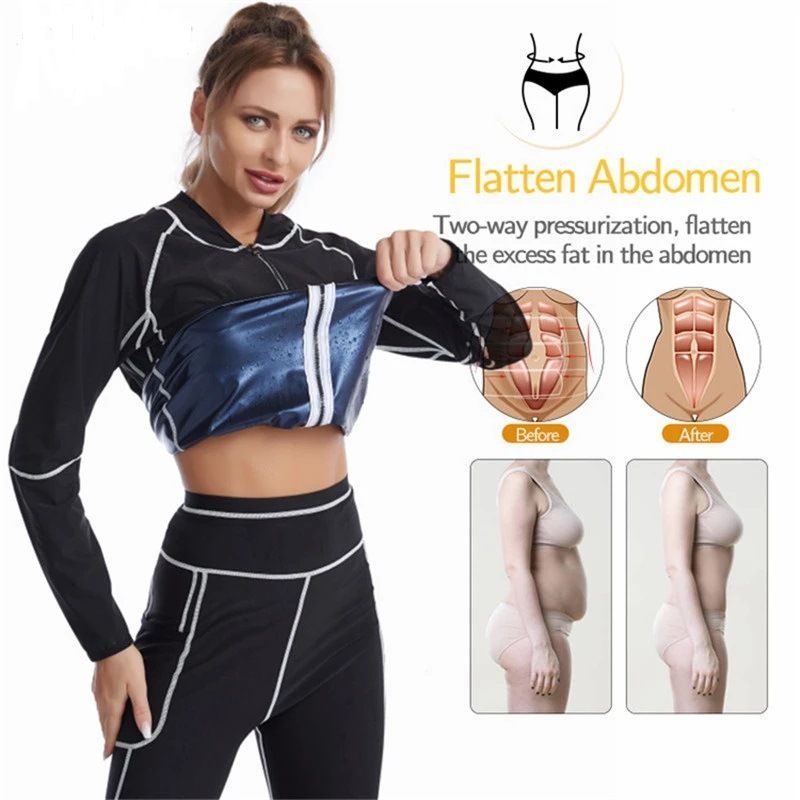 S Size Black and Blue Women's Workout Sauna Sweat Suit Set: Long Sleeve & view 3