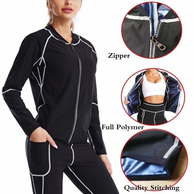 S Size Black and Blue Women's Workout Sauna Sweat Suit Set: Long Sleeve & view 4