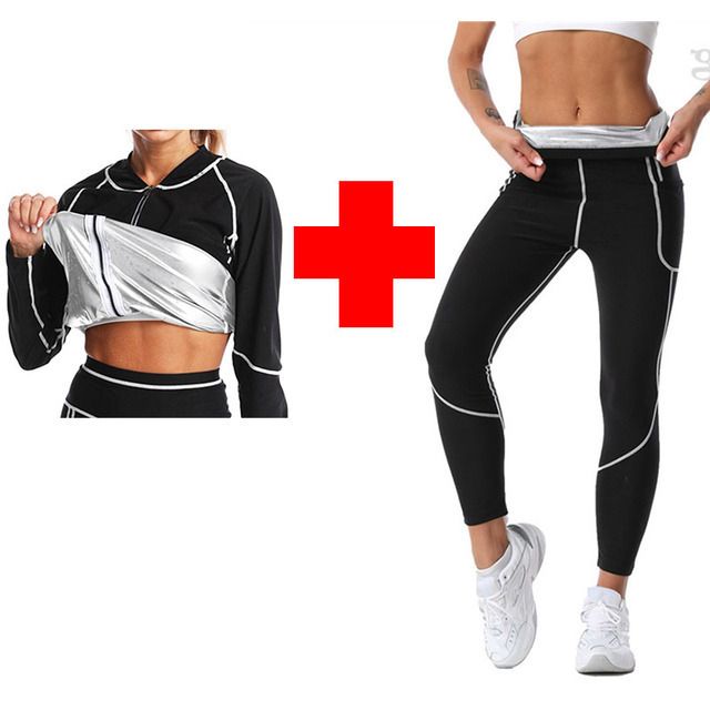 L Size Black and Silver Women's Workout Sauna Sweat Suit Set: Long Sleeve & — image 1