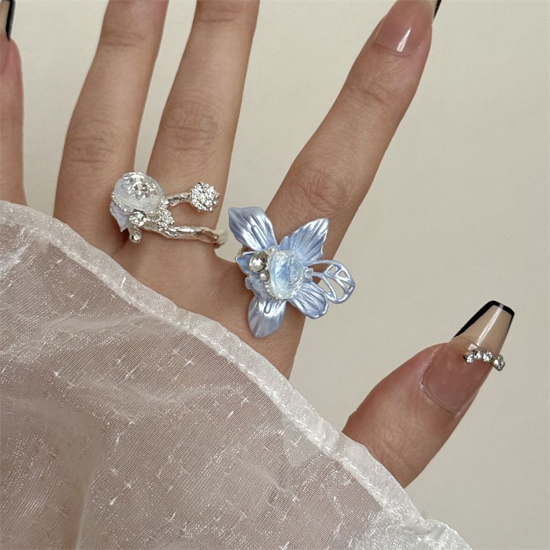 2PCS Vintage Camellia Handmade Enamel Stackable Wide Metal Rings A+B with