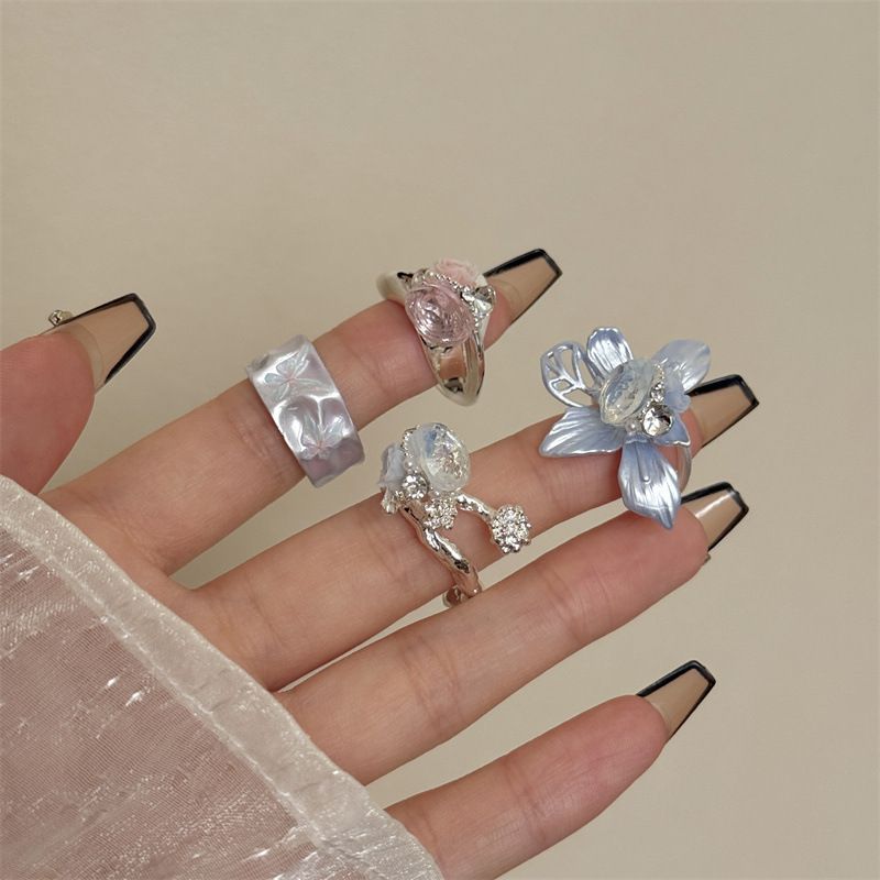 2PCS Vintage Camellia Handmade Enamel Stackable Wide Metal Rings C+D with view 3