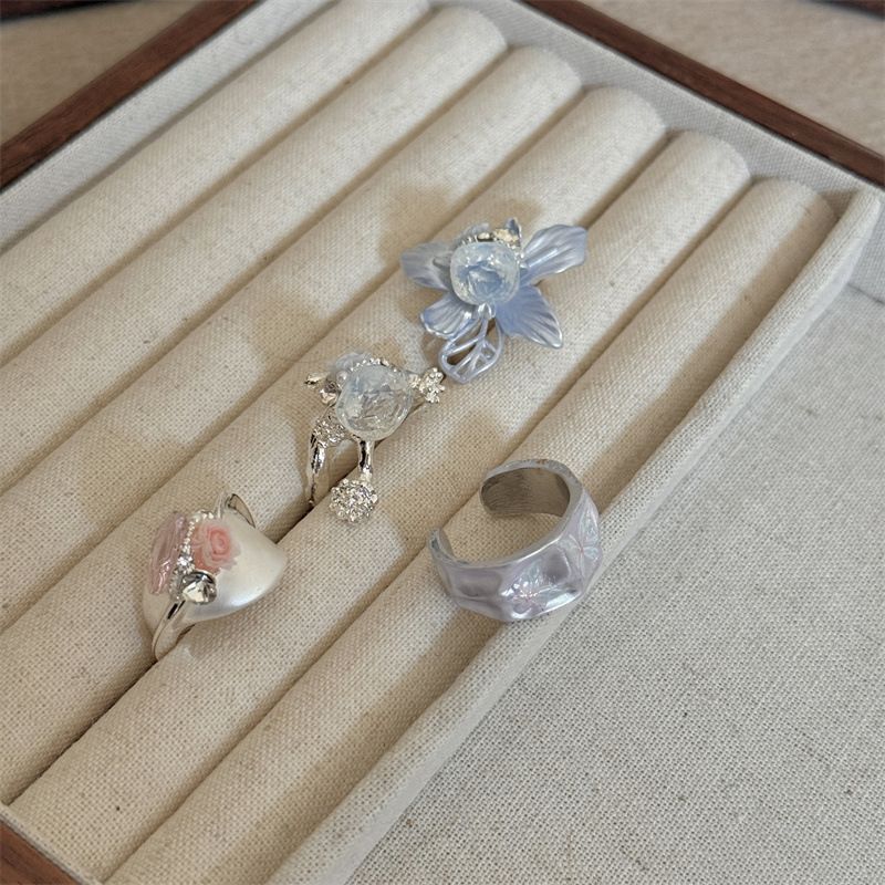 4PCS Vintage Camellia Handmade Enamel Stackable Wide Metal Rings A+B+C+D with view 3