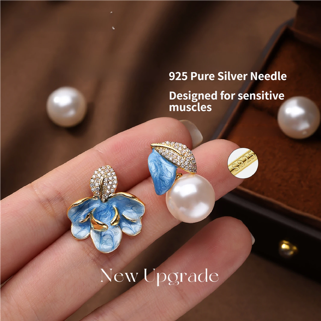 Luxury Porcelain White Gold Enamel Flower Pearl Earrings with Sparkling view 2