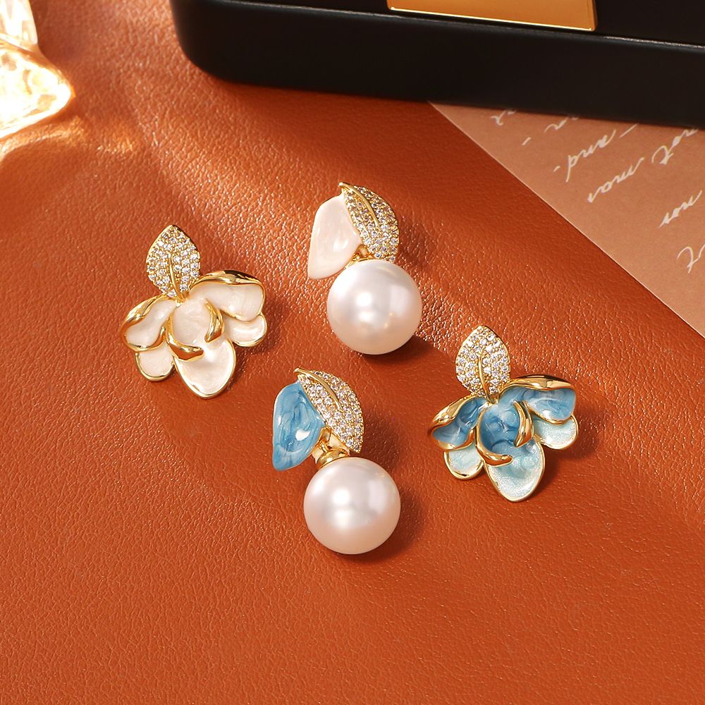Luxury Porcelain White Gold Enamel Flower Pearl Earrings with Sparkling view 4