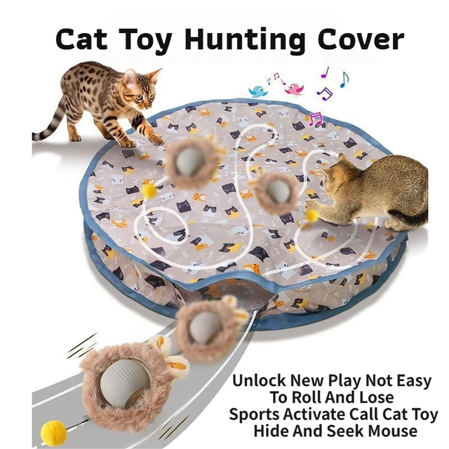 Interactive Hunting Hidden Prey Cat Toy Set - Grey Plush Automatic Moving Ball
