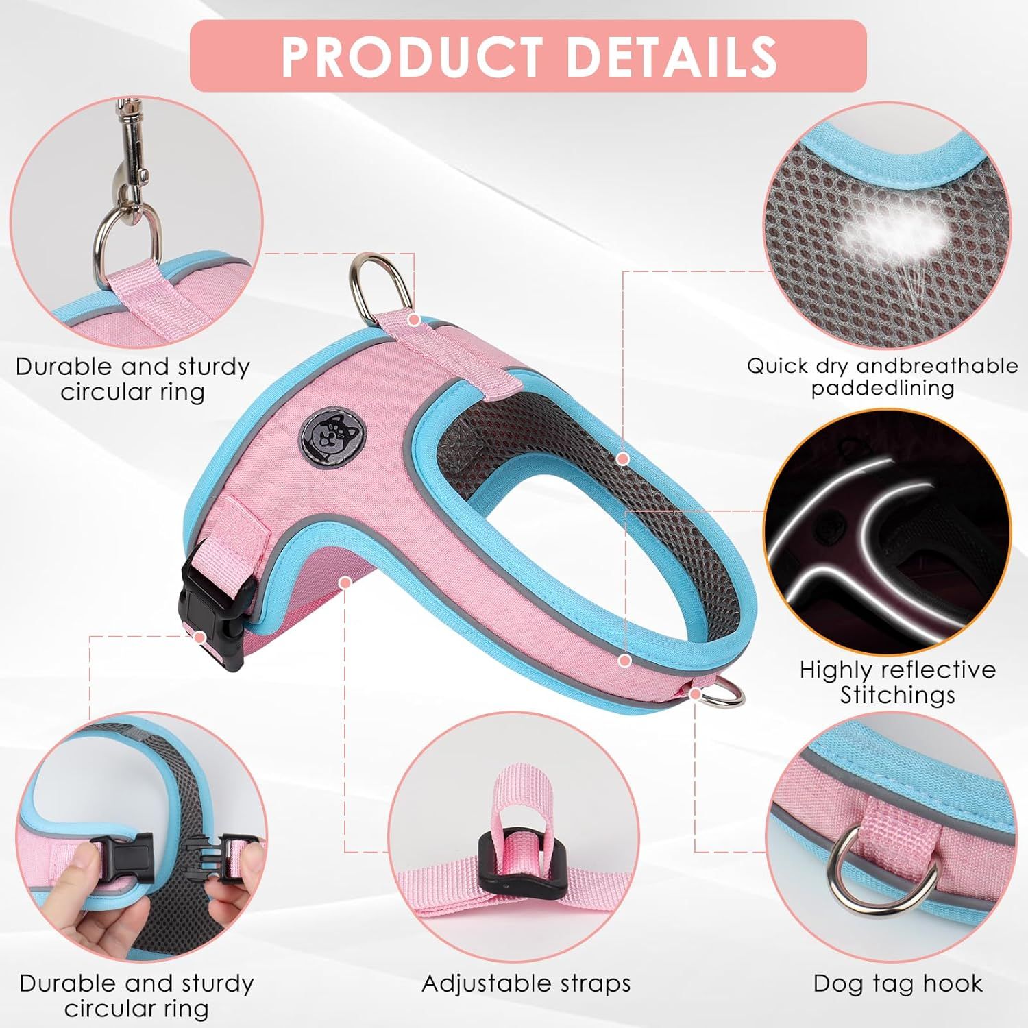 XS Size Pink Waterproof Reflective Saddle-Style Dog Harness & 1.5M Leash Set view 3