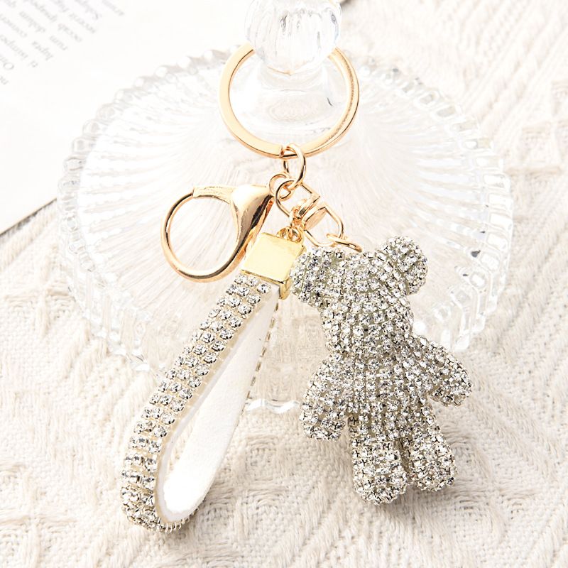 White Crystal-Encrusted Sparkling Bear Keychain - Luxury Fashion Bag Charm &