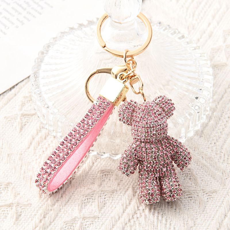 Pink Crystal-Encrusted Sparkling Bear Keychain - Luxury Fashion Bag Charm &