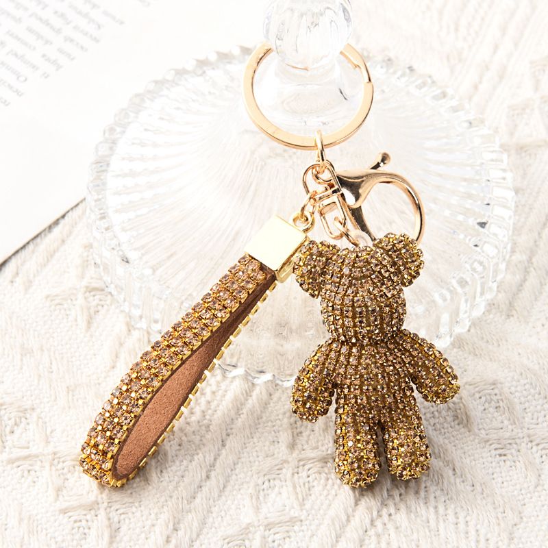 Gold Crystal-Encrusted Sparkling Bear Keychain - Luxury Fashion Bag Charm &