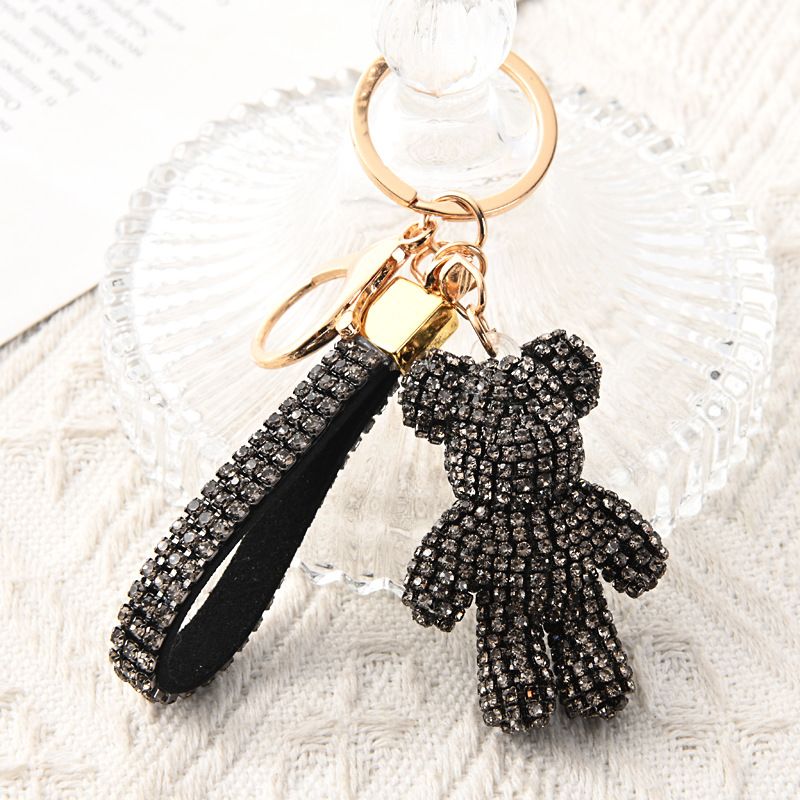 Black Crystal-Encrusted Sparkling Bear Keychain - Luxury Fashion Bag Charm &