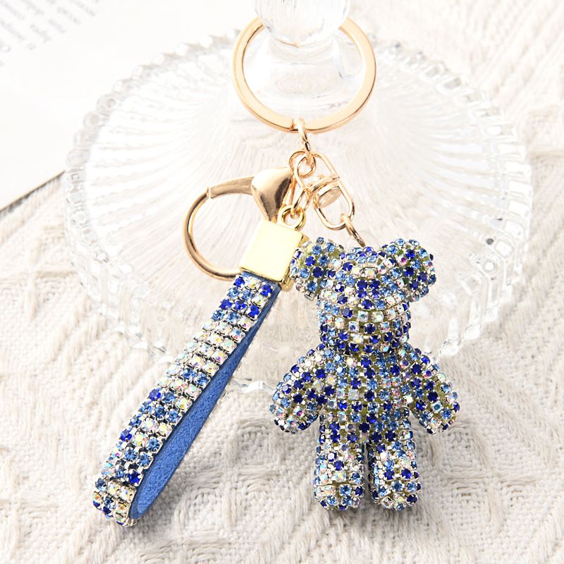 Blue Crystal-Encrusted Sparkling Bear Keychain - Luxury Fashion Bag Charm &