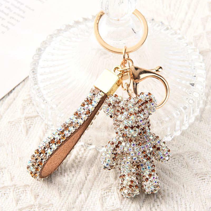 Champagne Crystal-Encrusted Sparkling Bear Keychain - Luxury Fashion Bag Charm