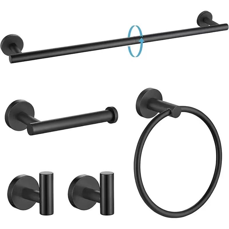 5PCS Matt Black Stainless Steel Bathroom Organizer Set - Wall-Mounted