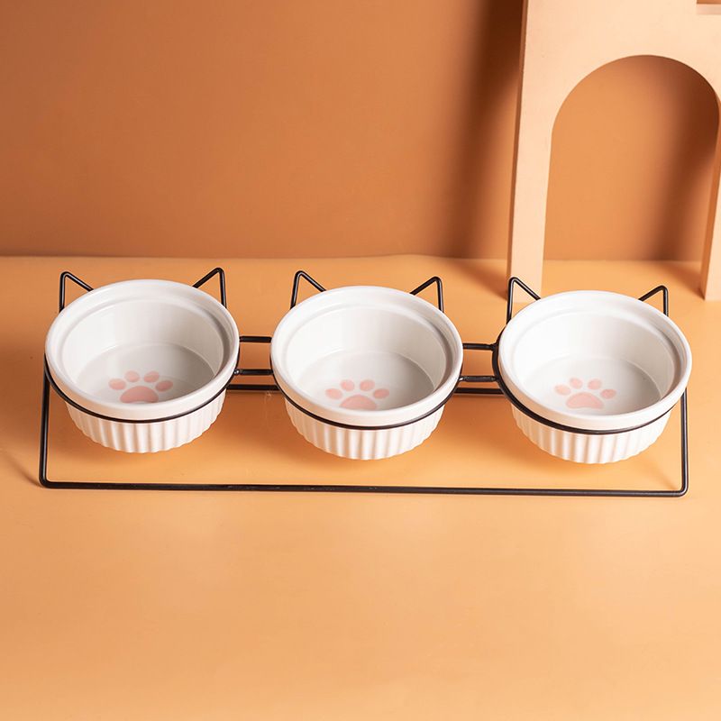 Triple Slanted Ceramic Pet Bowl Set with Elevated Iron Stand and Non Slip Base
