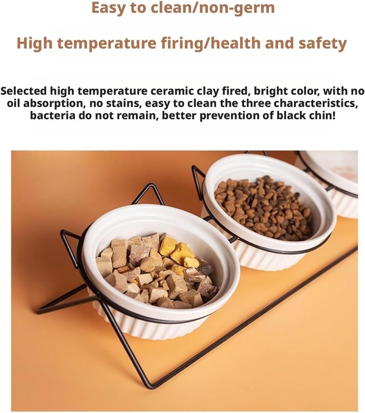 Triple Slanted Ceramic Pet Bowl Set with Elevated Iron Stand and Non Slip Base view 4
