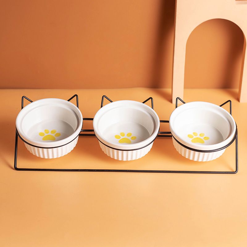 Triple Slanted Ceramic Pet Bowl Set with Elevated Iron Stand and Non Slip Base