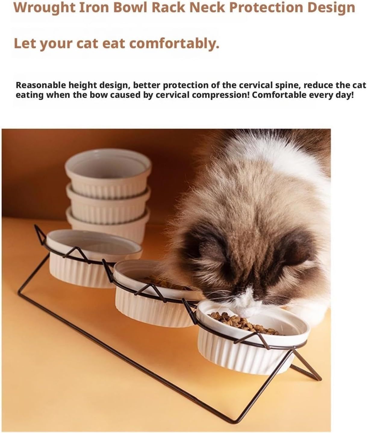 Triple Slanted Ceramic Pet Bowl Set with Elevated Iron Stand and Non Slip Base view 3