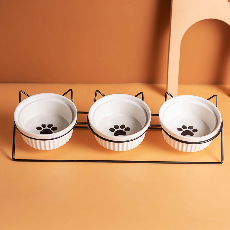 Triple Slanted Ceramic Pet Bowl Set with Elevated Iron Stand and Non Slip Base