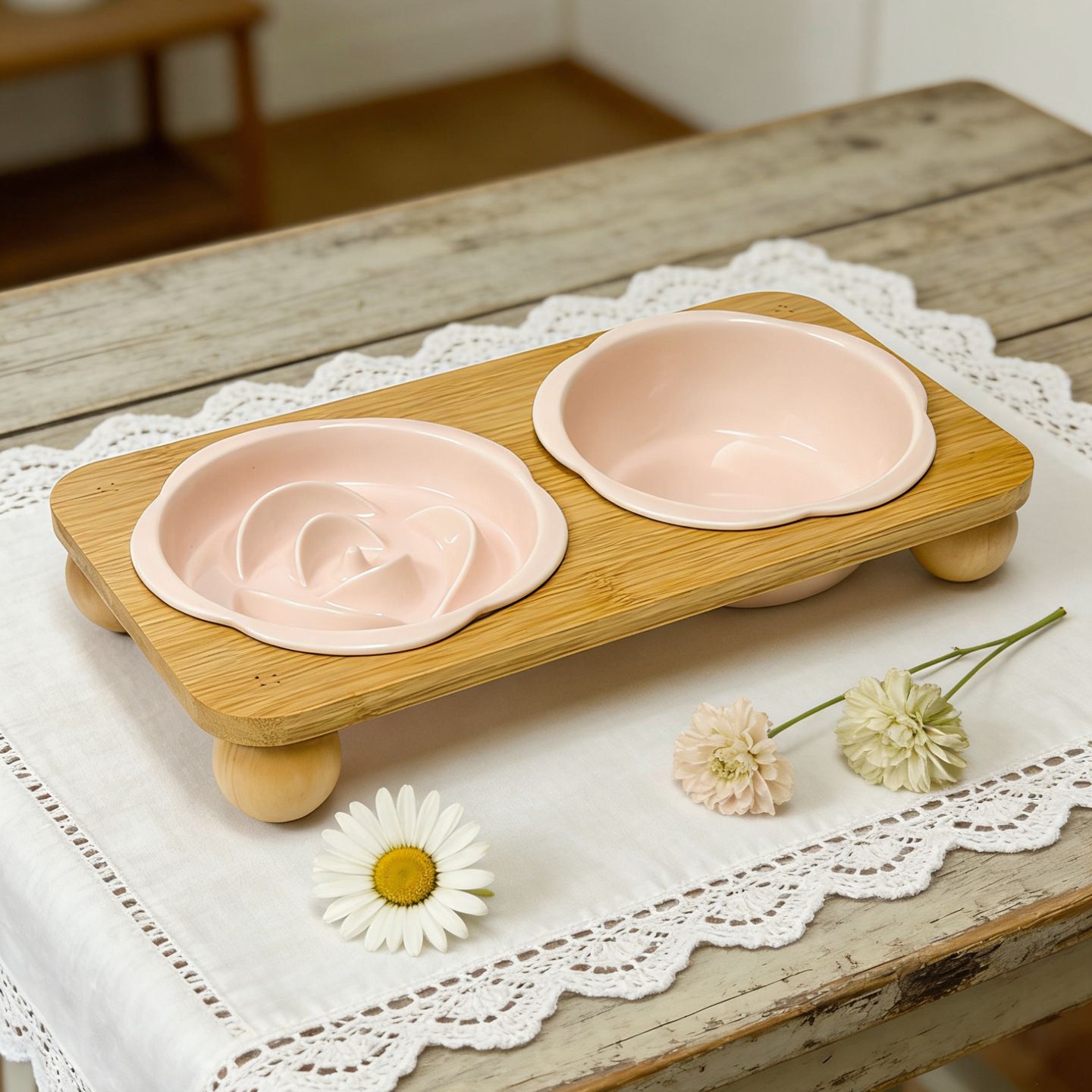 Pink Ceramic Floral Cat Slow Feeder(190ML) & Water Bowl(320ML) Set