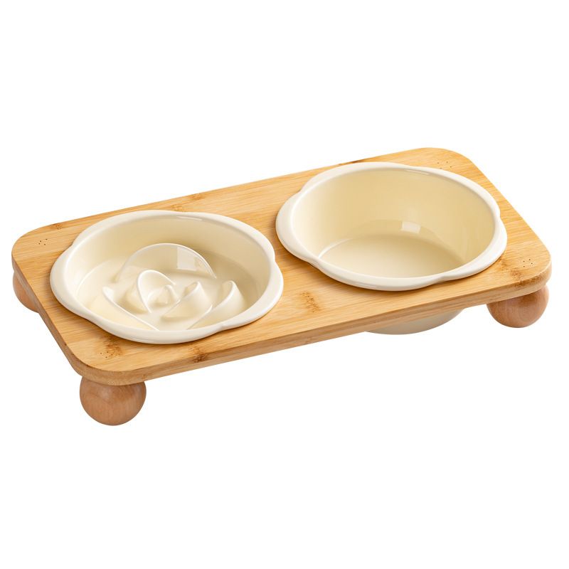 Yellow Ceramic Floral Cat Slow Feeder(190ML) & Water Bowl(320ML) Set