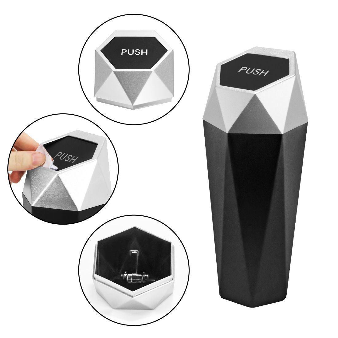 550ML Black Car Trash Can with Automatic Rebound Lid & Diamond Design view 4