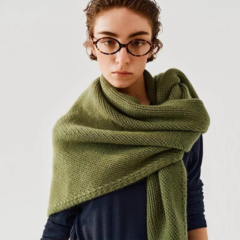 Green Retro Wool Blend 190x70cm Knitted Triangle Scarf - Multifunction Warm
