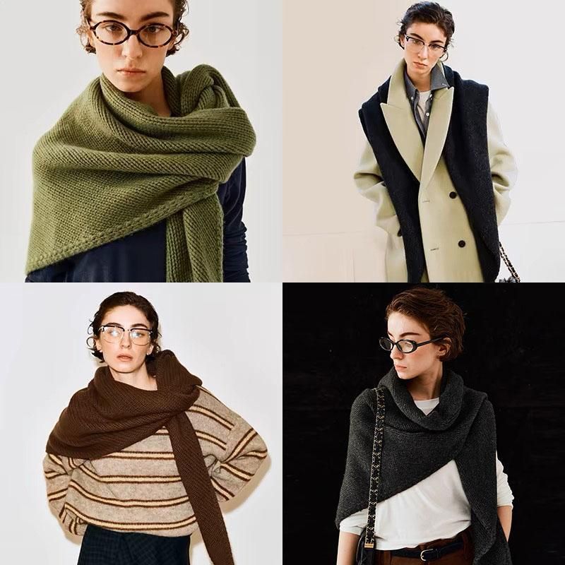 Green Retro Wool Blend 190x70cm Knitted Triangle Scarf - Multifunction Warm view 2