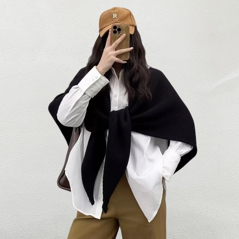 Black Retro Wool Blend 190x70cm Knitted Triangle Scarf - Multifunction Warm