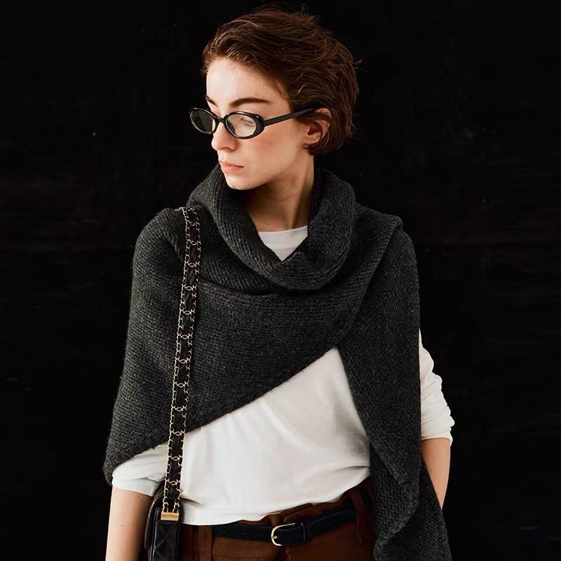 Dark Grey Retro Wool Blend 190x70cm Knitted Triangle Scarf - Multifunction