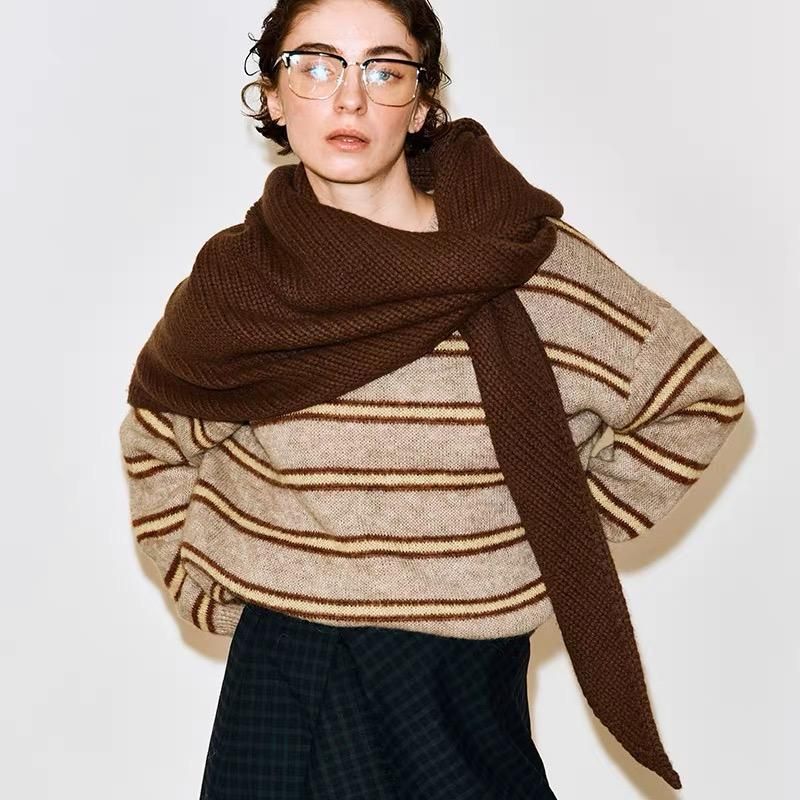 Brown Retro Wool Blend 190x70cm Knitted Triangle Scarf - Multifunction Warm