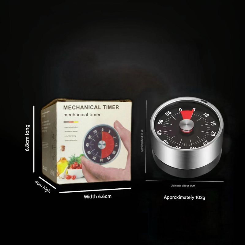 Black Stainless Steel Magnetic Kitchen Timer - 60 Minute Mechanical Countdown