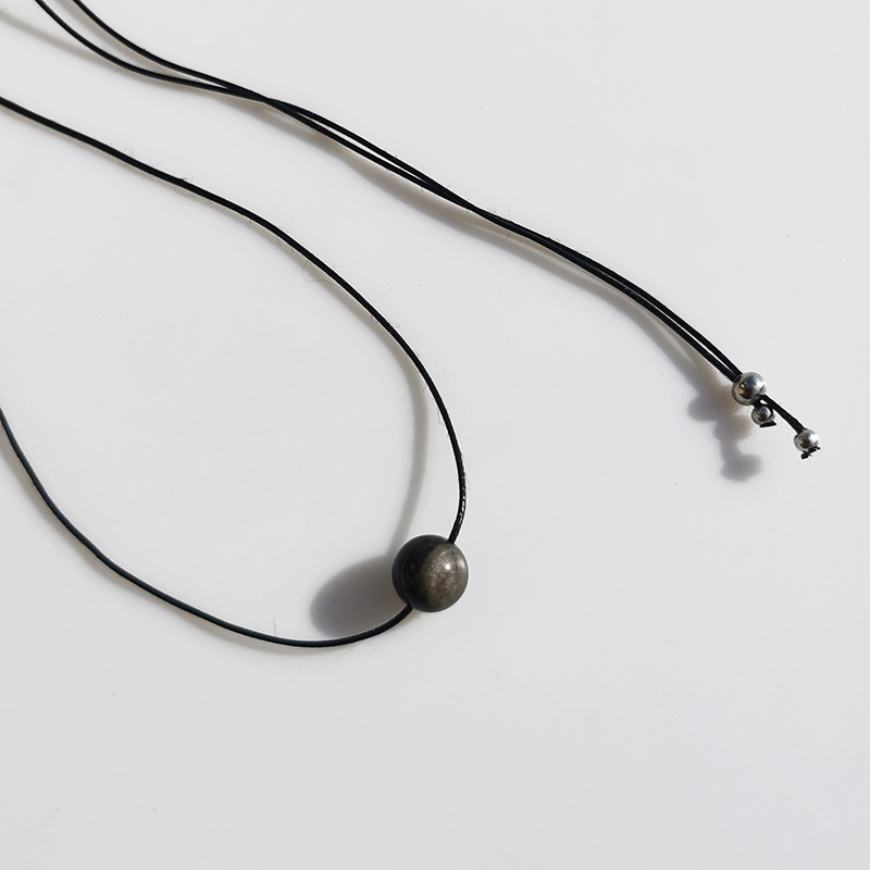Vintage Geometric Natural Stone Bead Pendant Necklace Adjustable Black Rope