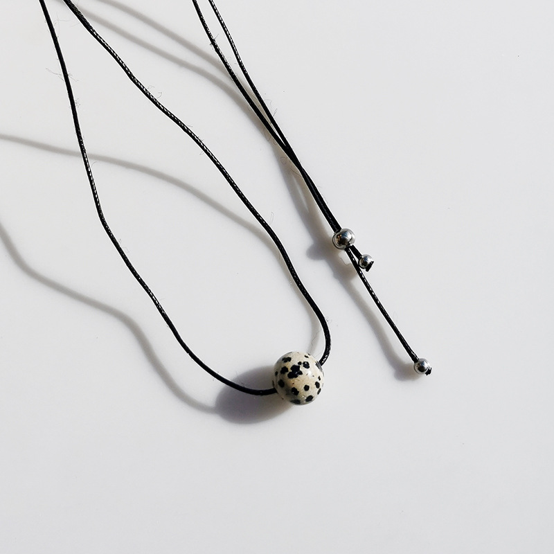 Vintage Geometric Natural Stone Bead Pendant Necklace Adjustable Black Rope