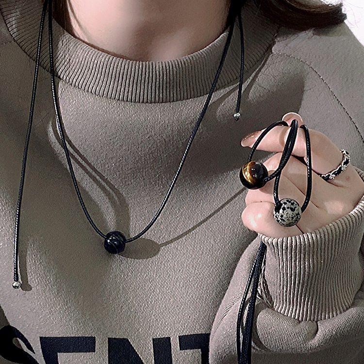 Vintage Geometric Natural Stone Bead Pendant Necklace Adjustable Black Rope view 2
