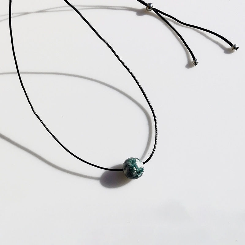 Vintage Geometric Natural Stone Bead Pendant Necklace Adjustable Black Rope