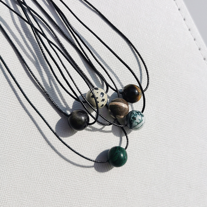Vintage Geometric Natural Stone Bead Pendant Necklace Adjustable Black Rope view 3