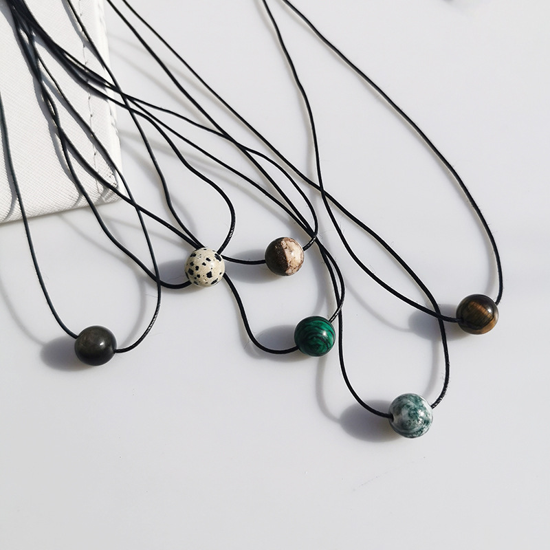 6-piece Vintage Geometric Natural Stone Bead Pendant Necklace Adjustable Black