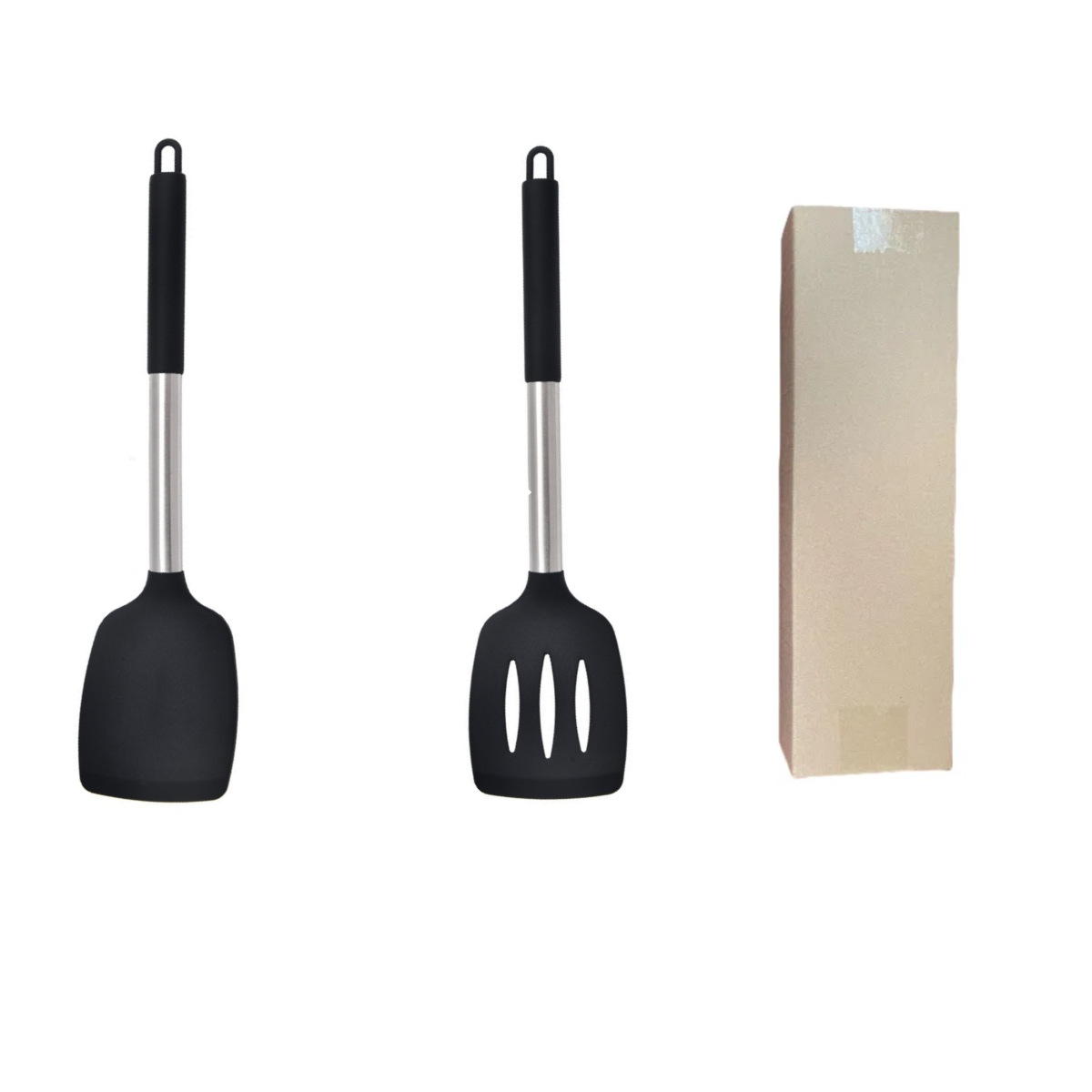 Black 2-Piece Silicone Spatula Set Slotted Turner Solid Turner Stainless Steel