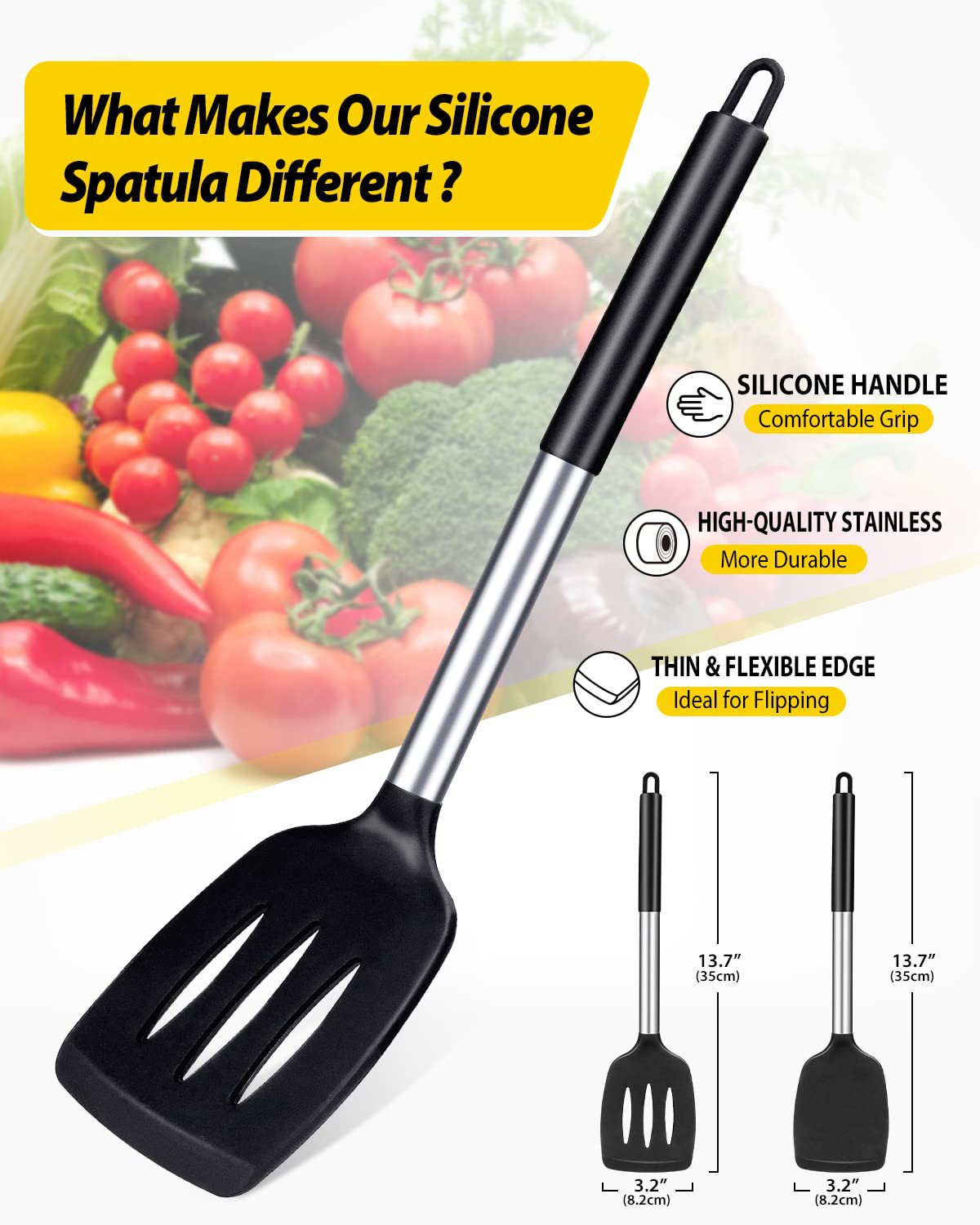 Black 2-Piece Silicone Spatula Set Slotted Turner Solid Turner Stainless Steel view 2