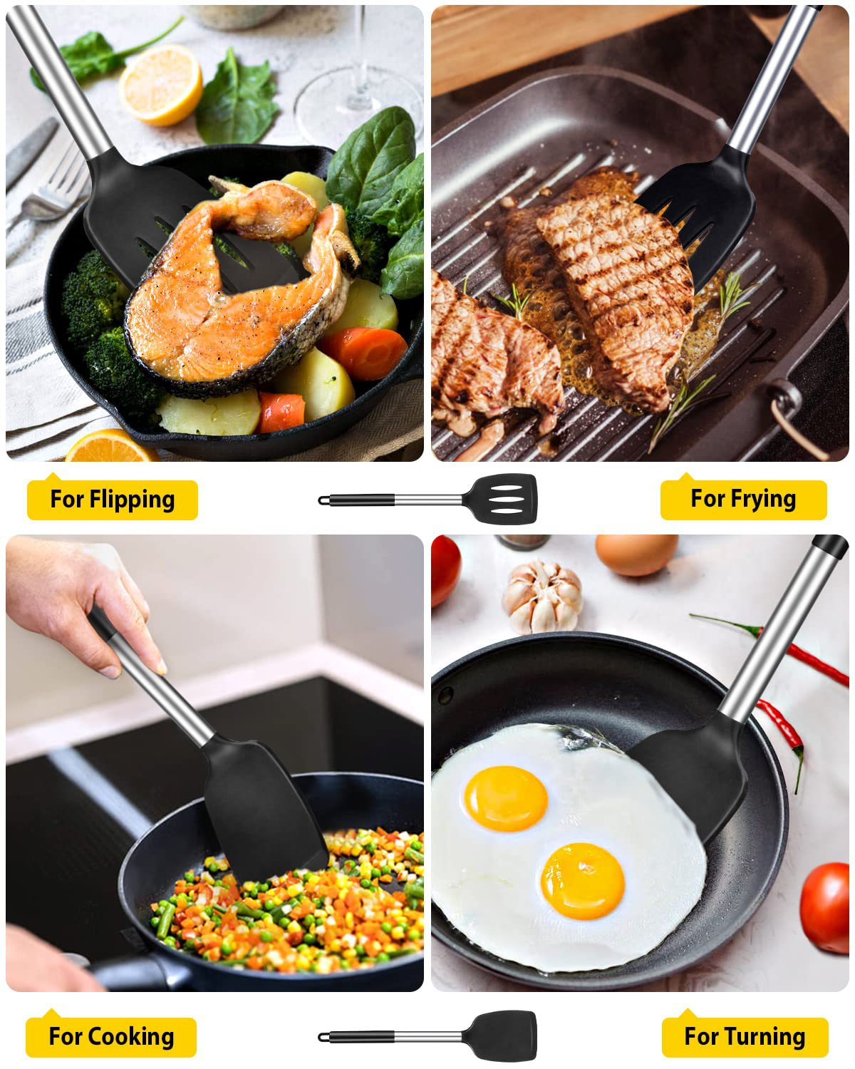 Black 2-Piece Silicone Spatula Set Slotted Turner Solid Turner Stainless Steel view 3