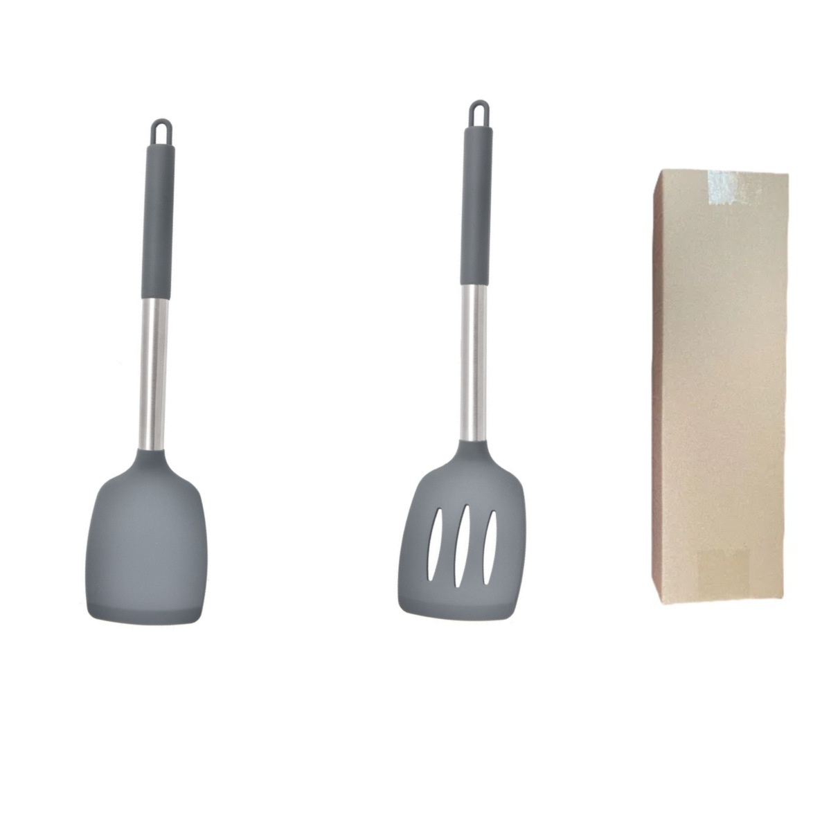 Grey 2-Piece Silicone Spatula Set Slotted Turner Solid Turner Stainless Steel