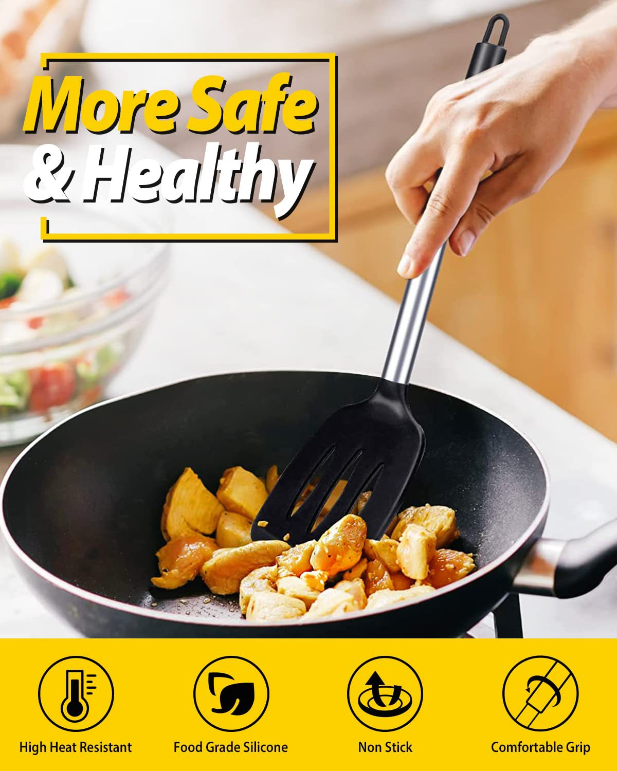 Grey 2-Piece Silicone Spatula Set Slotted Turner Solid Turner Stainless Steel view 4