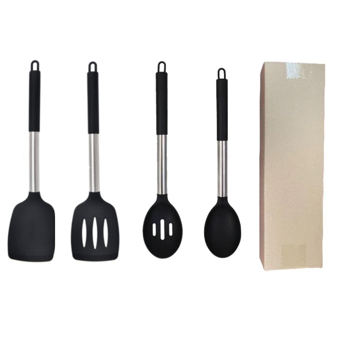 Black 4-Piece Silicone Spatula Set Slotted Turner Solid Turner Stainless Steel