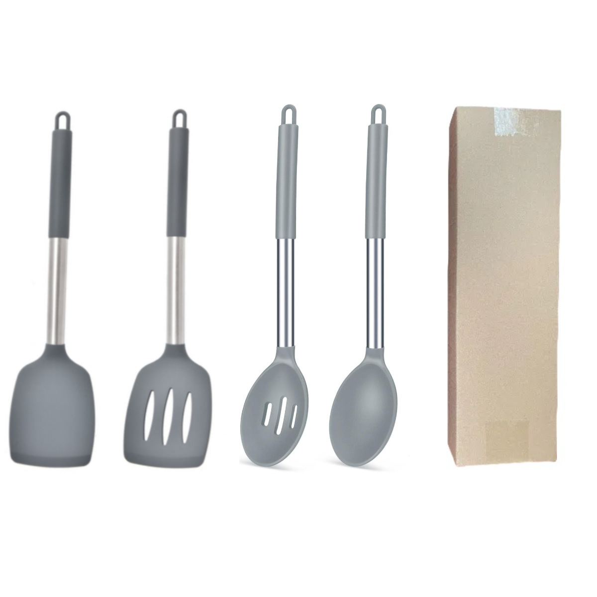 Grey 4-Piece Silicone Spatula Set Slotted Turner Solid Turner Stainless Steel