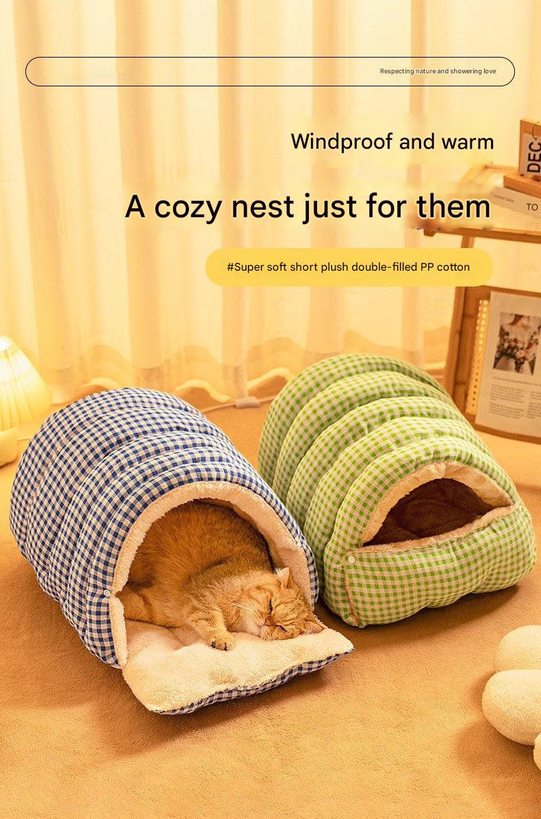 S size Blue Plaid Cat Cave Bed Winter Warm Enclosed Pet House Cozy Cat view 2