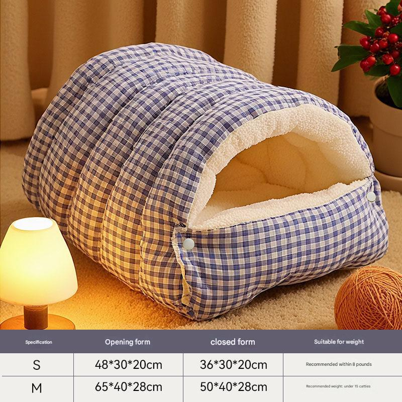 M size Blue Plaid Cat Cave Bed Winter Warm Enclosed Pet House Cozy Cat