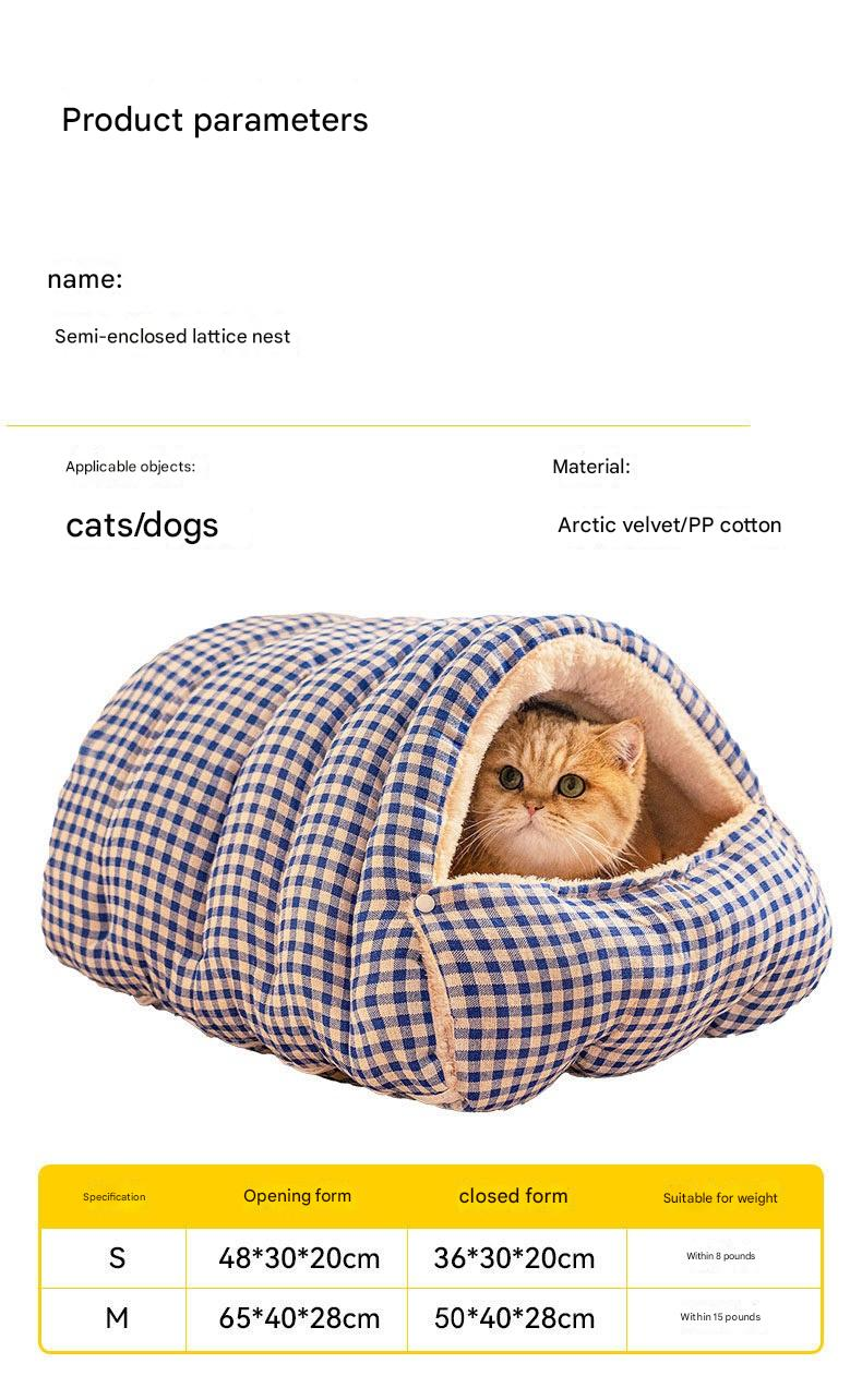 M size Blue Plaid Cat Cave Bed Winter Warm Enclosed Pet House Cozy Cat view 9