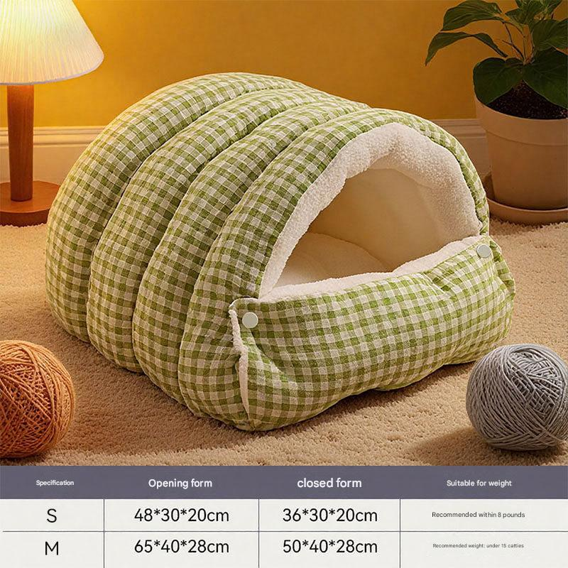 S size Green Plaid Cat Cave Bed Winter Warm Enclosed Pet House Cozy Cat